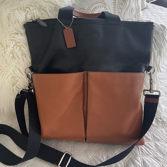 COACH Black and Brown Messenger Bag with Adjustable Strap.